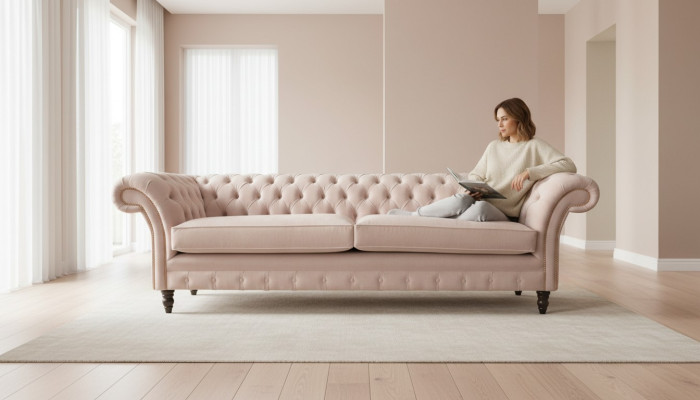 Rozā četru vietu dīvāns, mēbeles, liels dīvāns, sofa 245 cm jauns
