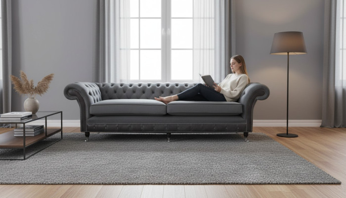 Dizaina dīvāns Luxus polsterēti dīvāni četru sēdvietu dīvāns Chesterfield Luxus pelēks
