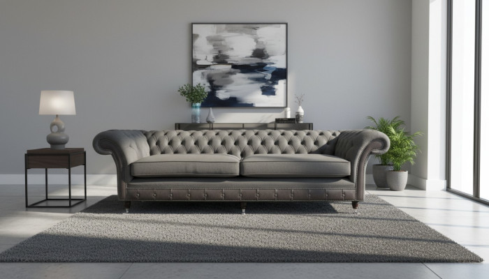 Dizaina dīvāns Luxus polsterēti dīvāni četru sēdvietu dīvāns Chesterfield Luxus pelēks