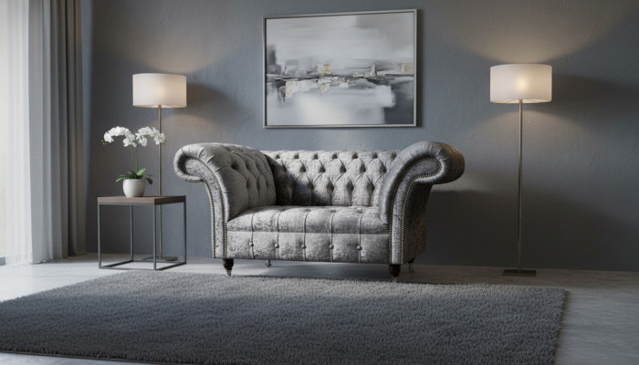 Chesterfield krēsla dizains mīksta dīvāns čība ar chesterfield audumu sudraba krāsā.