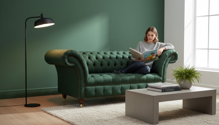 Chesterfield Sofa 2 Sitzer apolsterēts dīvāns Zaļš Luksusa auduma dīvāni Tekstils