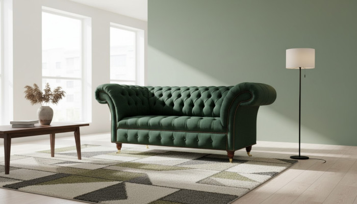 Chesterfield Sofa 2 Sitzer apolsterēts dīvāns Zaļš Luksusa auduma dīvāni Tekstils