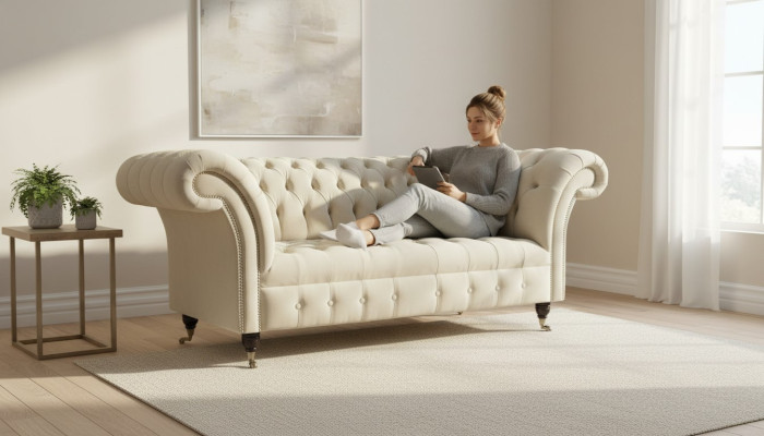 Divvietīgais dīvāns, polsterēts, divi sēdekļi, audums, luksusa Chesterfield, jauns.