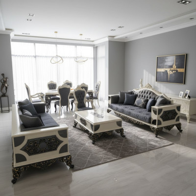 Luksusa komplekts ar diviem elegantiem 3-vietīgiem dīvāniem no augstas kvalitātes materiāliem.