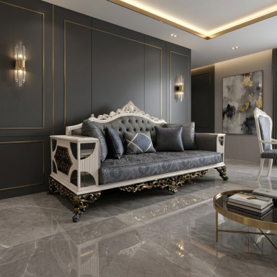 Luksusa 3-vietīga dīvāns Elegantā mājokļa dīvāns Elegants dzīvojamais izkārtojums mājās Art Deco dīvāns Jauns