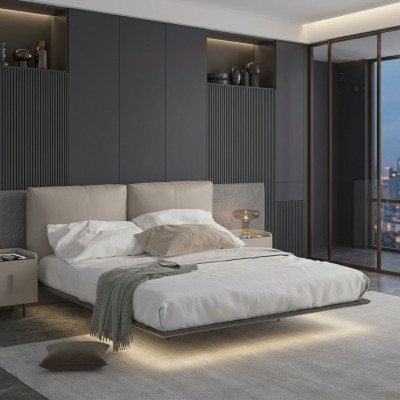Gaiši pelēka guļamistaba galds LED gultas Designer wood double beds