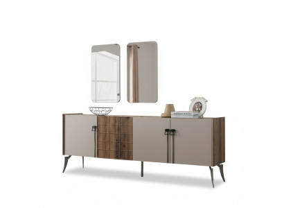 Moderns Bežs galds Luksusa Sideboard 2x Spieģis Koka mēbeles Kredence
