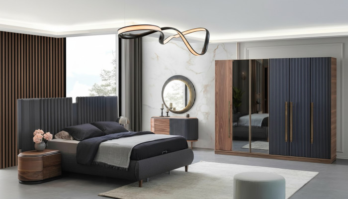 Melns-beisā guļamistabas komplekts dizainera divguļamā gulta 2x naktskapis