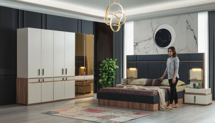 Mēbeles Luxury gulta 2x nakts skapji ģērbtuve guļamistabas komplekts