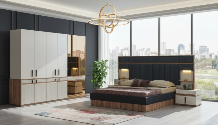 Mēbeles Luxury gulta 2x nakts skapji ģērbtuve guļamistabas komplekts
