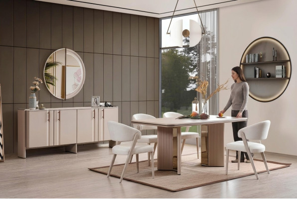 Pilnīga beige ēdamistabas komplekta komplekts - ēdamgalds krēsli blīze piederumi spogulis