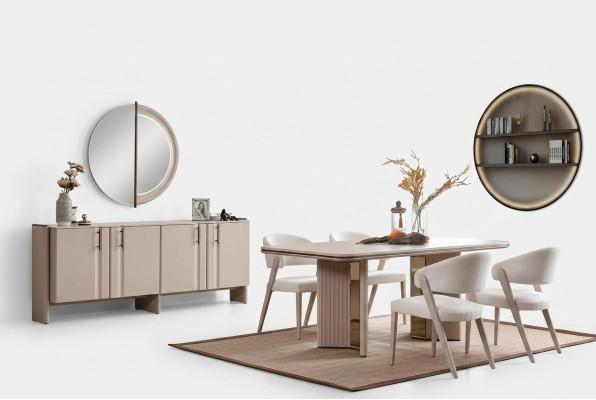 Pilnīga beige ēdamistabas komplekta komplekts - ēdamgalds krēsli blīze piederumi spogulis