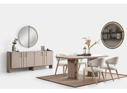 Pilnīga beige ēdamistabas komplekta komplekts - ēdamgalds krēsli blīze piederumi spogulis