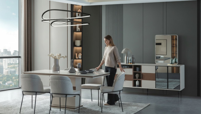 Balta ēdamgrupa Taisnstūra ēdamgalds 4 krēsli Sideboard luksusa spogulis