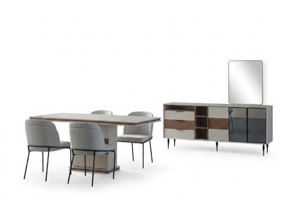 Balta ēdamgrupa Taisnstūra ēdamgalds 4 krēsli Sideboard luksusa spogulis