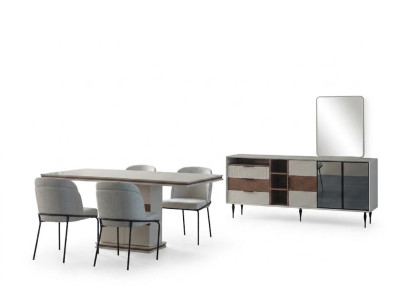 Balta ēdamgrupa Taisnstūra ēdamgalds 4 krēsli Sideboard luksusa spogulis