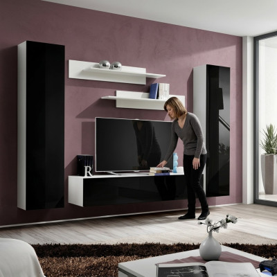Mūsdienu koka viesistabas mēbeles ar sienas plauktiem un TV statīvu