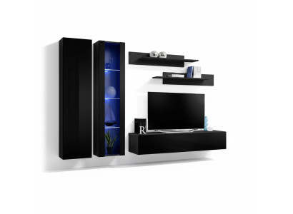 5 daļu viesistabas mēbeļu komplekts. Moderns dizains sienas vienība ar TV statīvu un plauktiem