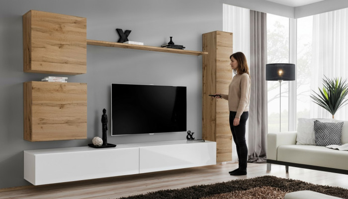Dzīvojamās istabas mēbeles, dizainera siena, plaukts, TV statīvs, blatišķi koka mēbeles.
