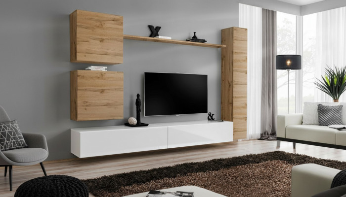 Dzīvojamās istabas mēbeles, dizainera siena, plaukts, TV statīvs, blatišķi koka mēbeles.