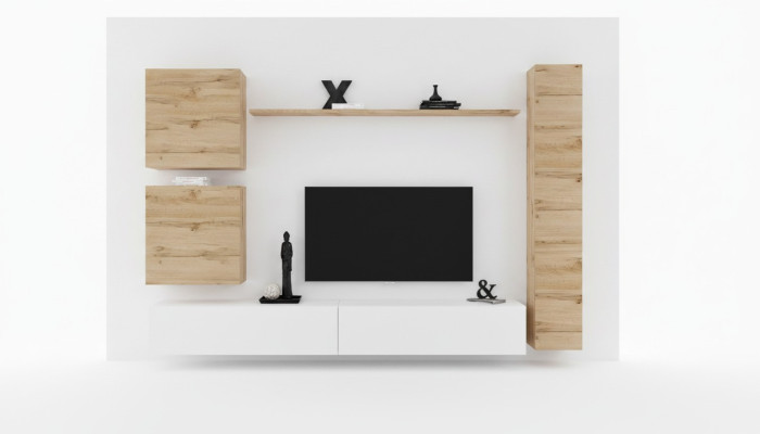 Dzīvojamās istabas mēbeles, dizainera siena, plaukts, TV statīvs, blatišķi koka mēbeles.