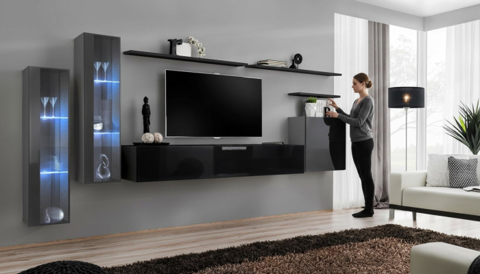 Dizainera melnā dzīvojamā istabas siena skapīša TV stends luksusa komplekts
