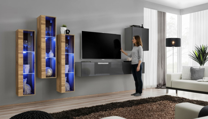 Luksusveida dzīvojamie sienas pelēkā spīdumā TV statīvs Dizainera galds istabas komplekts