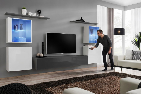 Koplietojams 7 gabalu dzīvojamais sienas uzlikums, luksusa plaukts ar TV statīvu, zemsplaukts, sienas plaukti, sienas skapis
