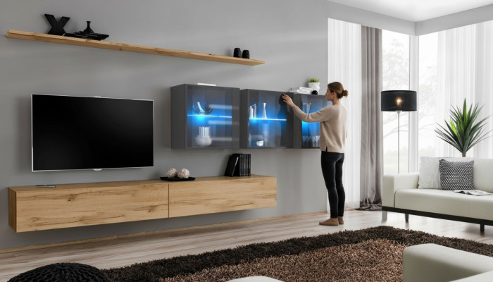 Kompleta 7 gabalu dzīvojamās sienas vienība 340cm TV statīvs Sidebords Sienas skapis Luksusa iekārta