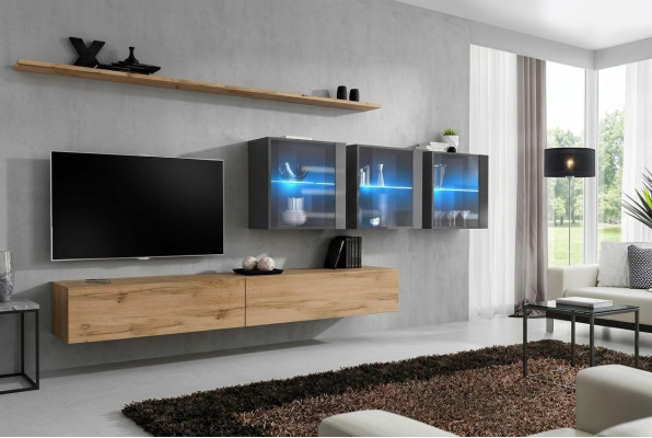 Kompleta 7 gabalu dzīvojamās sienas vienība 340cm TV statīvs Sidebords Sienas skapis Luksusa iekārta
