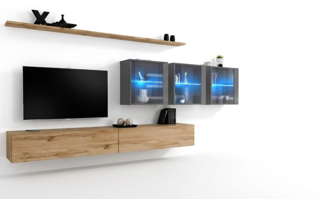 Kompleta 7 gabalu dzīvojamās sienas vienība 340cm TV statīvs Sidebords Sienas skapis Luksusa iekārta