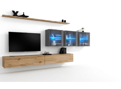Kompleta 7 gabalu dzīvojamās sienas vienība 340cm TV statīvs Sidebords Sienas skapis Luksusa iekārta