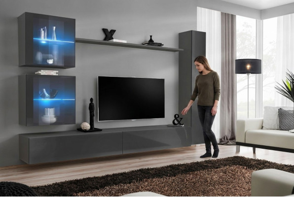 Luxus Komplett Wohnwand Grau Möbel Designer Set Einrichtung Sideboard Modern Luksusa pilnīgais dzīvojamais sienas panelis pelēks mēbeļu dizaineru komplekts mūsdienīgs galdiņš moderns