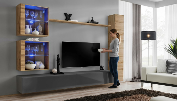 Braunā krāsā izgatavotas luksusa dzīvojamās istabas mēbeles - 3 sienplaukts, TV statīvs un iekārtas.