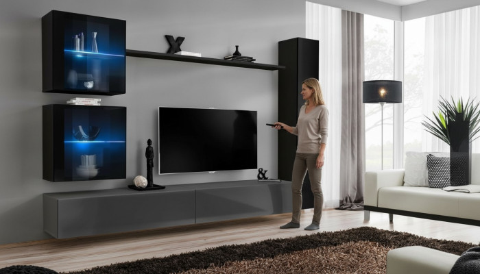 Luksus dizainera sienas skapji melna mēbeļu komplekts 3x sienas skapis TV statīvs