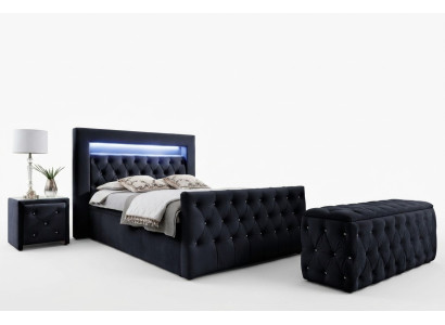 Melns Chesterfield LED auduma gultasvietas komplekts 2 koka naktsēdētājiem 4 gabali.