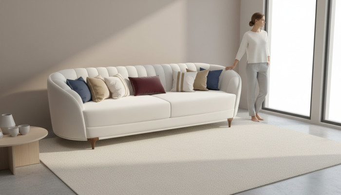 Moderne baltā sofa dzīvojamā istabā. Ekstravaganti 3 vietu mīkstie dīvāni 250cm garumā. Luksuss.