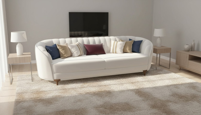 Moderne baltā sofa dzīvojamā istabā. Ekstravaganti 3 vietu mīkstie dīvāni 250cm garumā. Luksuss.