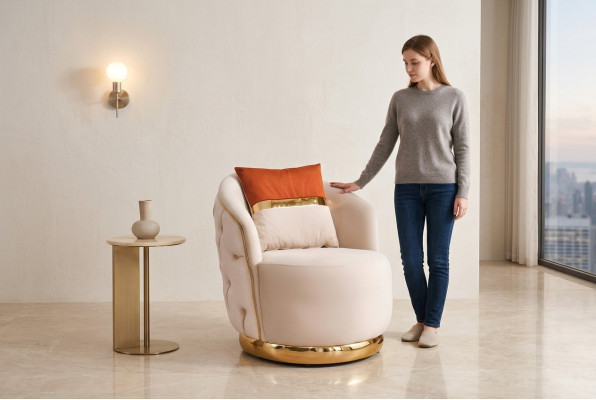 Dizaina sēdvietas luksusa beige krēsls Relax tekstils ar nerūsējošā tērauda kluba krēslu