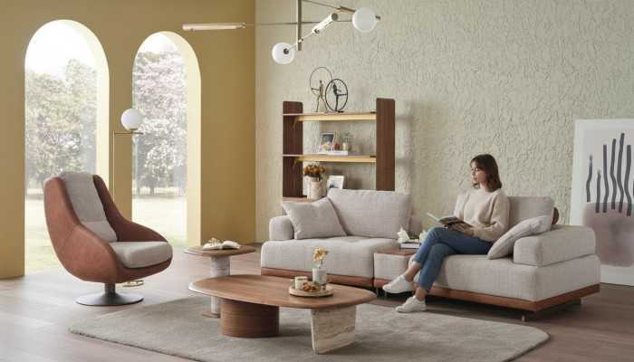 Mūsdienīgs kanapju komplekts 3+1 metālu kārta Beige dizaina komplekts dzīvojamai istabai dīvāns diivanbāze