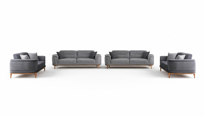 Greznas pelēkas 4 daļu polsterētas mēbeles: trīsvietīgā sofa dzīvojamajai istabai.