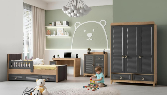 Complete child furniture child bed wooden furniture set 4 pcs children's room gray
