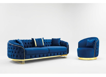 Dizainera zils krāsa dzīvojamā istaba komplekts no 3-vietīgu dīvānu un 2 krēsliem.
