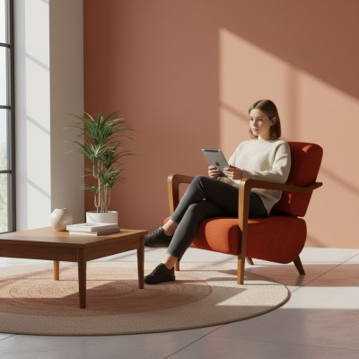 Mūsdienīgs sarkans mīkstais krēsla svītrainais vienpusējais dizaina mēbeļu komplekts istabai