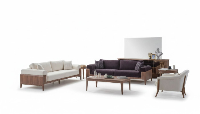 Dažkrāsains dīvāns dizainera baltā krāsā ar luksusa polsterētu 3-vietīgu krēslu.