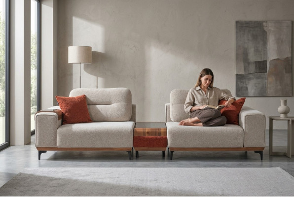 Stilīgs 3-vietīgais dīvāns ar iestrādātu galdinukstā. Design rooms mēbeles.