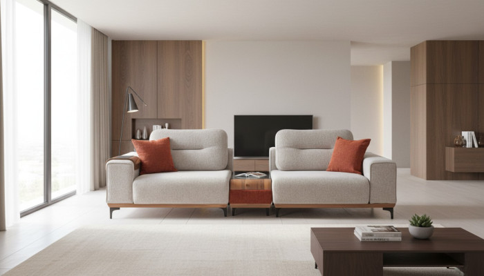 Stilīgs 3-vietīgais dīvāns ar iestrādātu galdinukstā. Design rooms mēbeles.