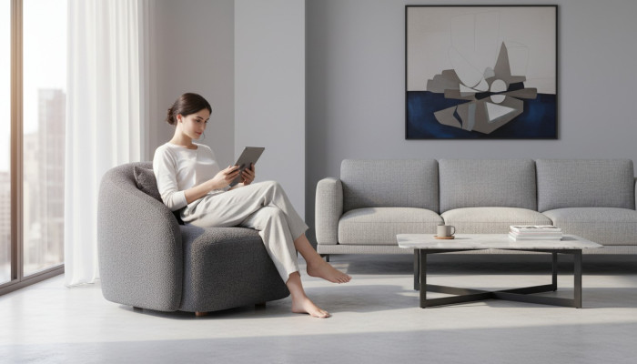 Pelēks krēsls atpūtas krēsls Lounge krēsls auduma apdares vienvietīgs mēbeles
