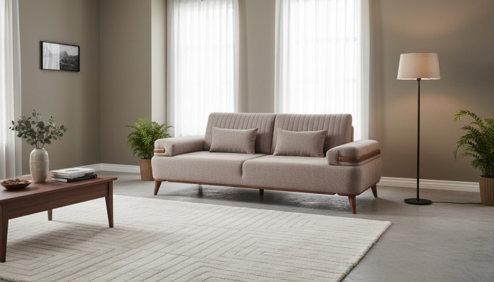 Dizainera beige 3-vietu dīvāns dzīvojamajai istabai ar koka skeletu luksusa dīvāns