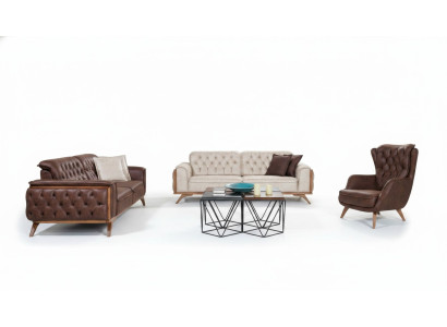 Chesterfield mākslīgā ādas komplekts Moderns trīsvietīgs dizainera krēsls 3 daļas